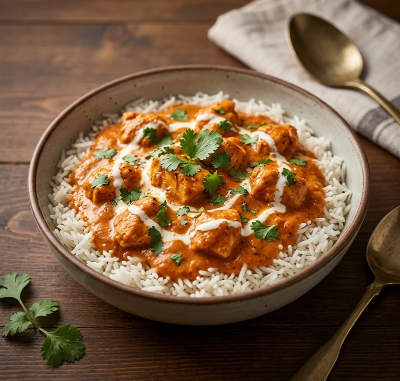 Butter chicken bowl over rice at Cafe Gulzar, Edmonton